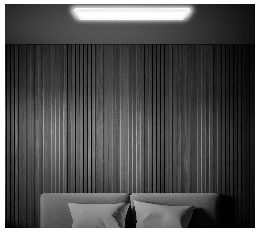 Modern slaapkamer met verticaal donker panelwerk, een plafondarmatuur en de bovenkant van een bed met kussens zichtbaar aan de onderkant.