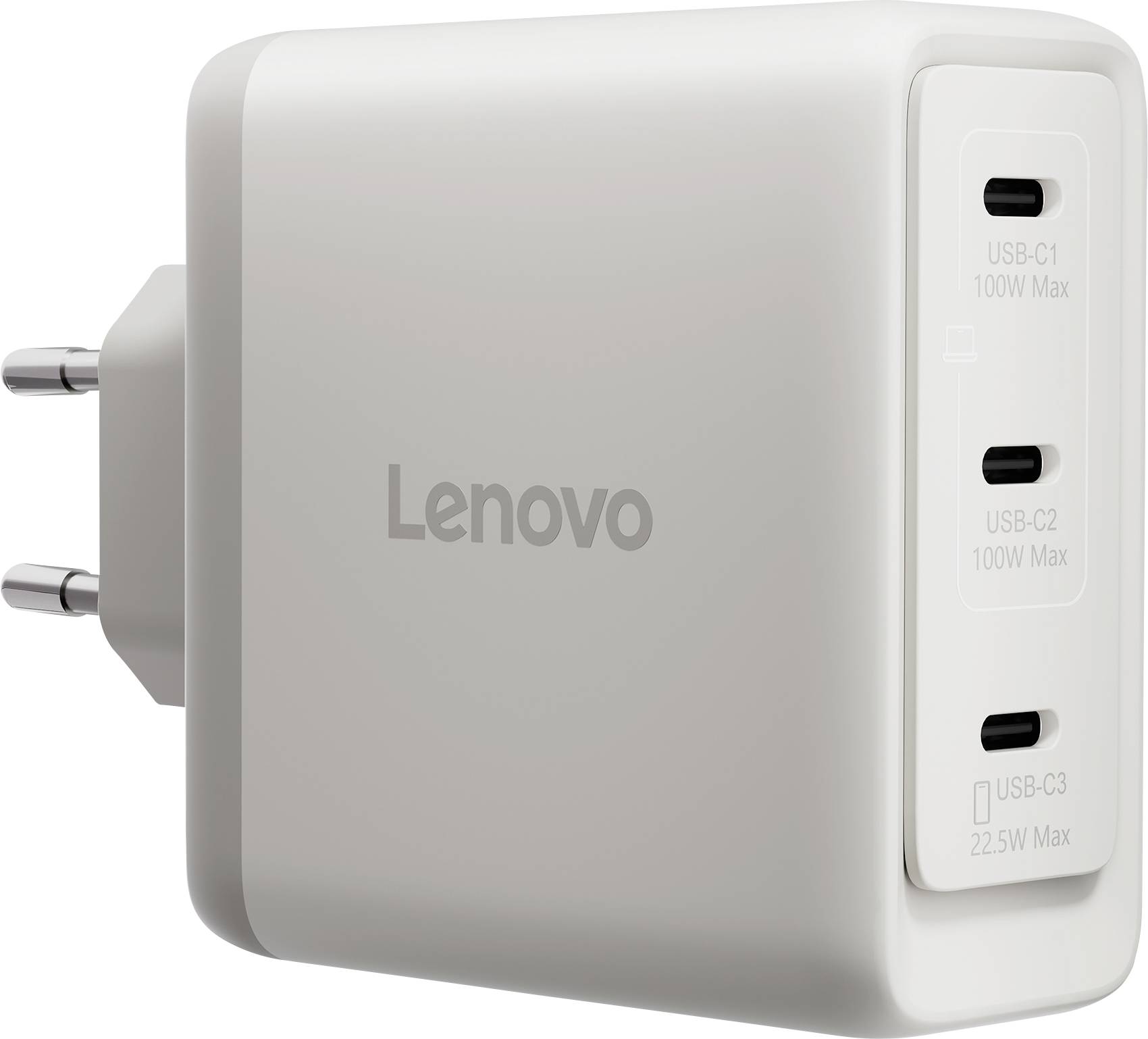 Lenovo wandlader met twee pinnen en drie USB-C-poorten gelabeld 'USB-C1 100W Max', 'USB-C2 100W Max' en 'USB-C3 22,5W Max'.