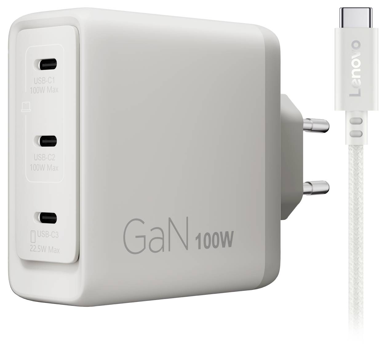 Lenovo 100W GaN wandlader met drie USB-C poorten en een aangesloten USB-C kabel.
