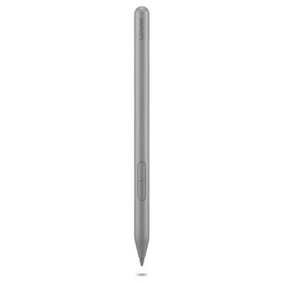Grijze Lenovo-styluspens verticaal weergegeven, met knop en punt zichtbaar.