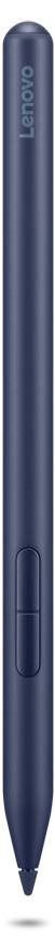 Blauwe Lenovo stylus pen verticaal weergegeven, met 'Lenovo' branding en een zijknop dicht bij de bovenkant.
