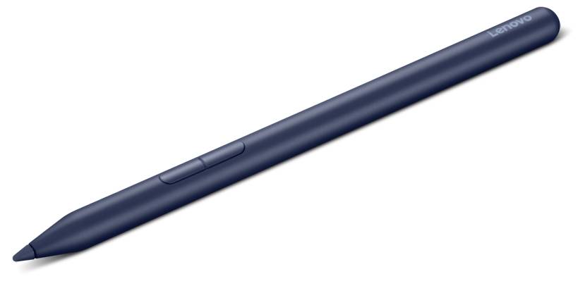 Een donkerblauwe Lenovo stylus pen schuin weergegeven op een witte achtergrond.