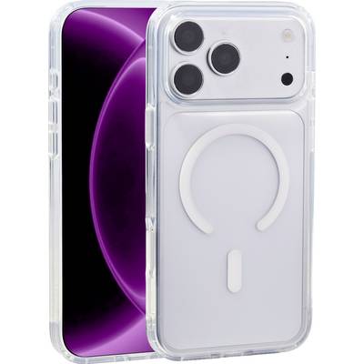 Twee smartphones met doorzichtige behuizing weergegeven naast elkaar, de voorkant toont een paarse abstracte achtergrond en de achterkant toont driedubbele camera's en een MagSafe-stijl ring.