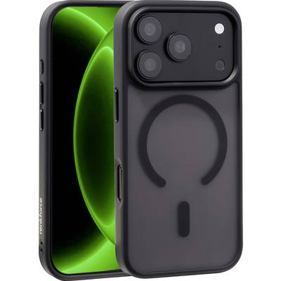 Twee zwarte smartphones weergegeven van voor en achterkant; de telefoon aan de achterkant heeft een triple-cameramodule en MagSafe-ring, terwijl het frontdisplay een helder groen abstract achtergrondafbeelding toont.