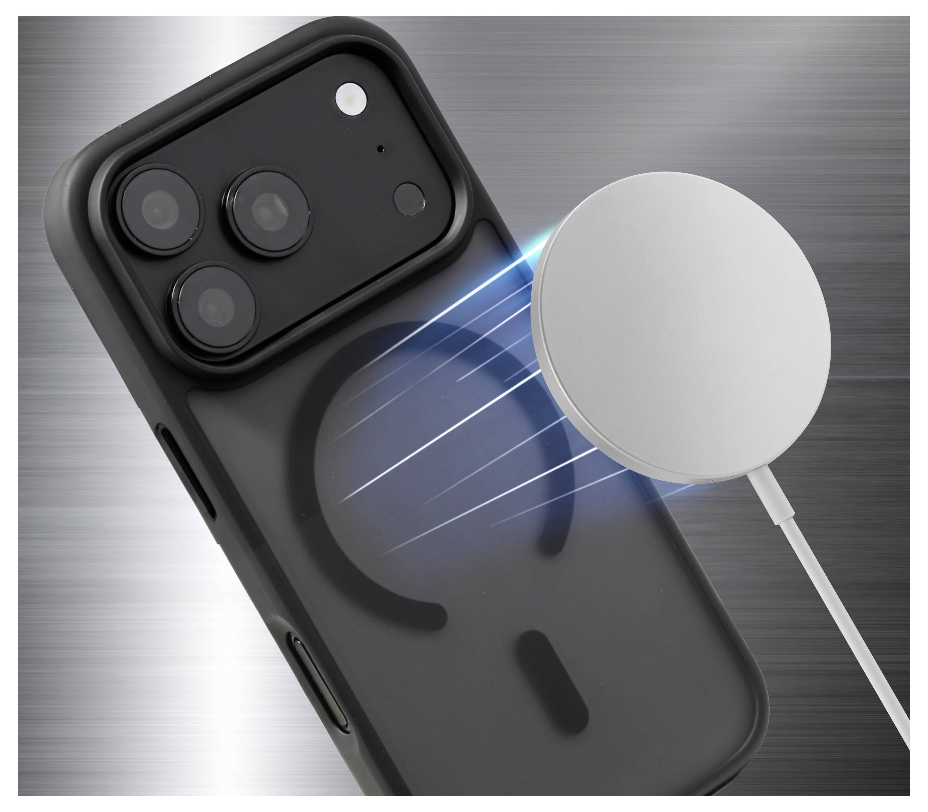 Draadloze oplaadschijf die een smartphone in een doorzichtige hoes oplaadt, weergegeven met blauwe oplaadstralen en een triple-cameralens aan de achterkant.