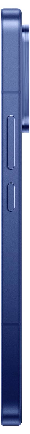 Zijaanzicht van een blauwe smartphone, met zichtbare dunne rand met twee knoppen en een uitstekende camerabult.