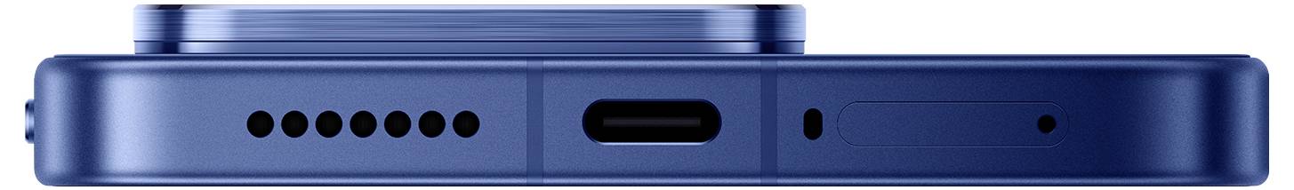 Zijaanzicht van een blauwe smartphone met aan de onderrand luidsprekergatjes, oplaadpoort, microfoon en antennelijnen.