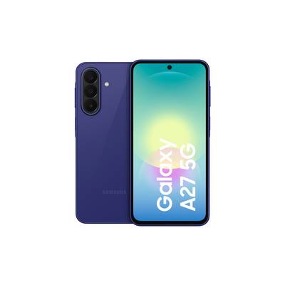 Samsung Galaxy A27 5G smartphone weergegeven van voor en achter, met blauwe achterkantcameramodule en scherm met 'Galaxy A27 5G' weergegeven.
