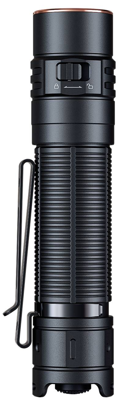 Zwarte cilindrische zaklamp met clip, zijschakelaar en vergrendel-/ontgrendelingsmarkeringen op het lichaam.