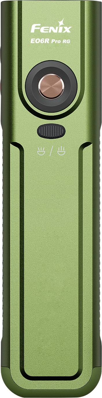 Groene Fenix E06R Pro RG zaklamp getoond van voren, met centrale ronde knop en clip-/indicatordetails op de behuizing.