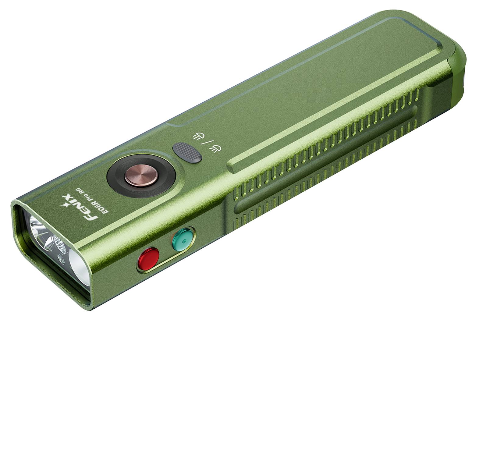 Groene handheld zaklamp met zijschakelaar, ronde aan/uit-knop en rode en blauwe indicatorlampjes.