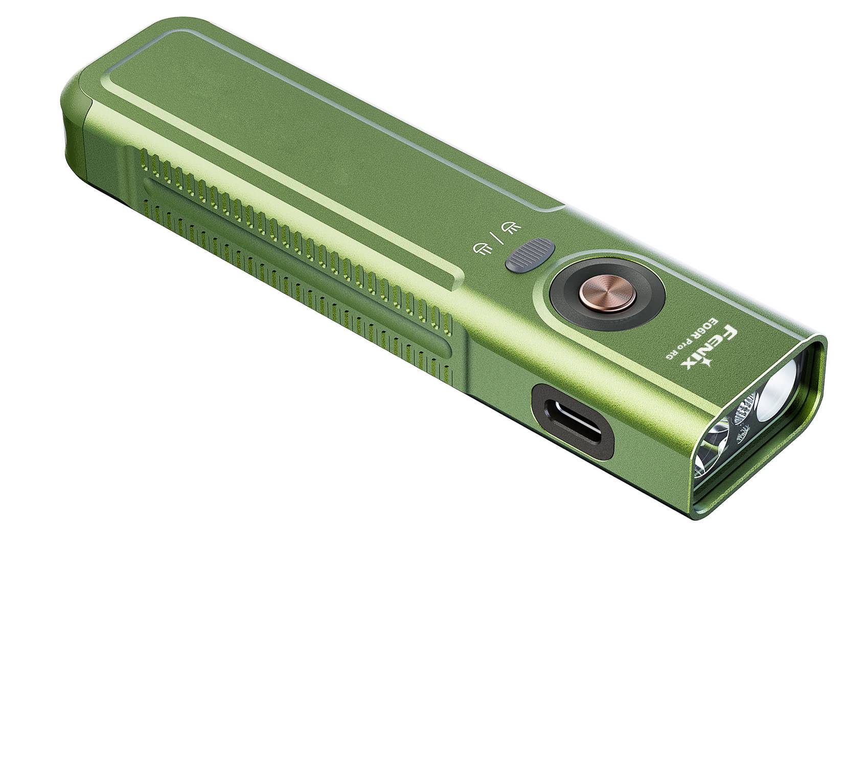 Groene rechthoekige zaklamp met zijventilatieopeningen, aan/uitschakelaar, USB-C oplaadpoort en voorste LED-lens, weergegeven op een witte achtergrond.