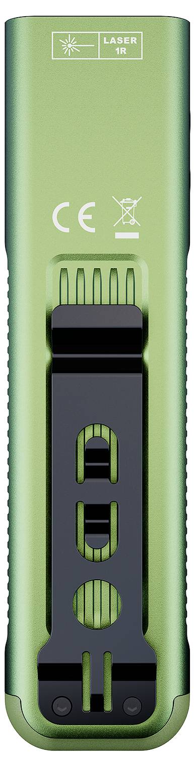 Groene laserniveautool met een zwarte schuifschakelaar en clip, met CE- en laserwarningssymbolen op de voorkant.
