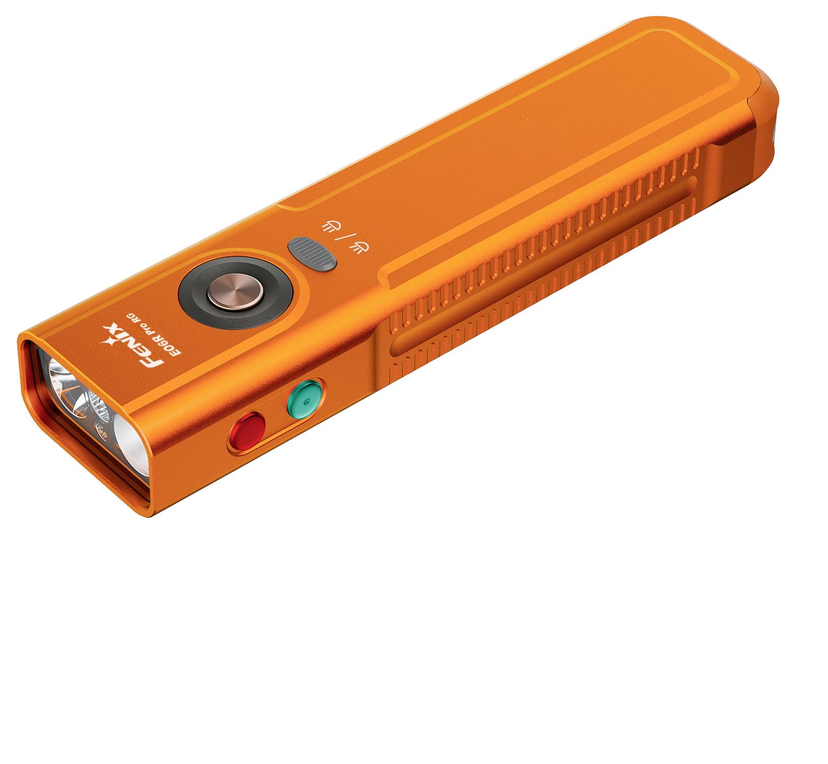 Oranje draagbare C.A.T.4x zaklamp weergegeven op een witte achtergrond, met zichtbare lens, aan-uitknop en zijpoorten.