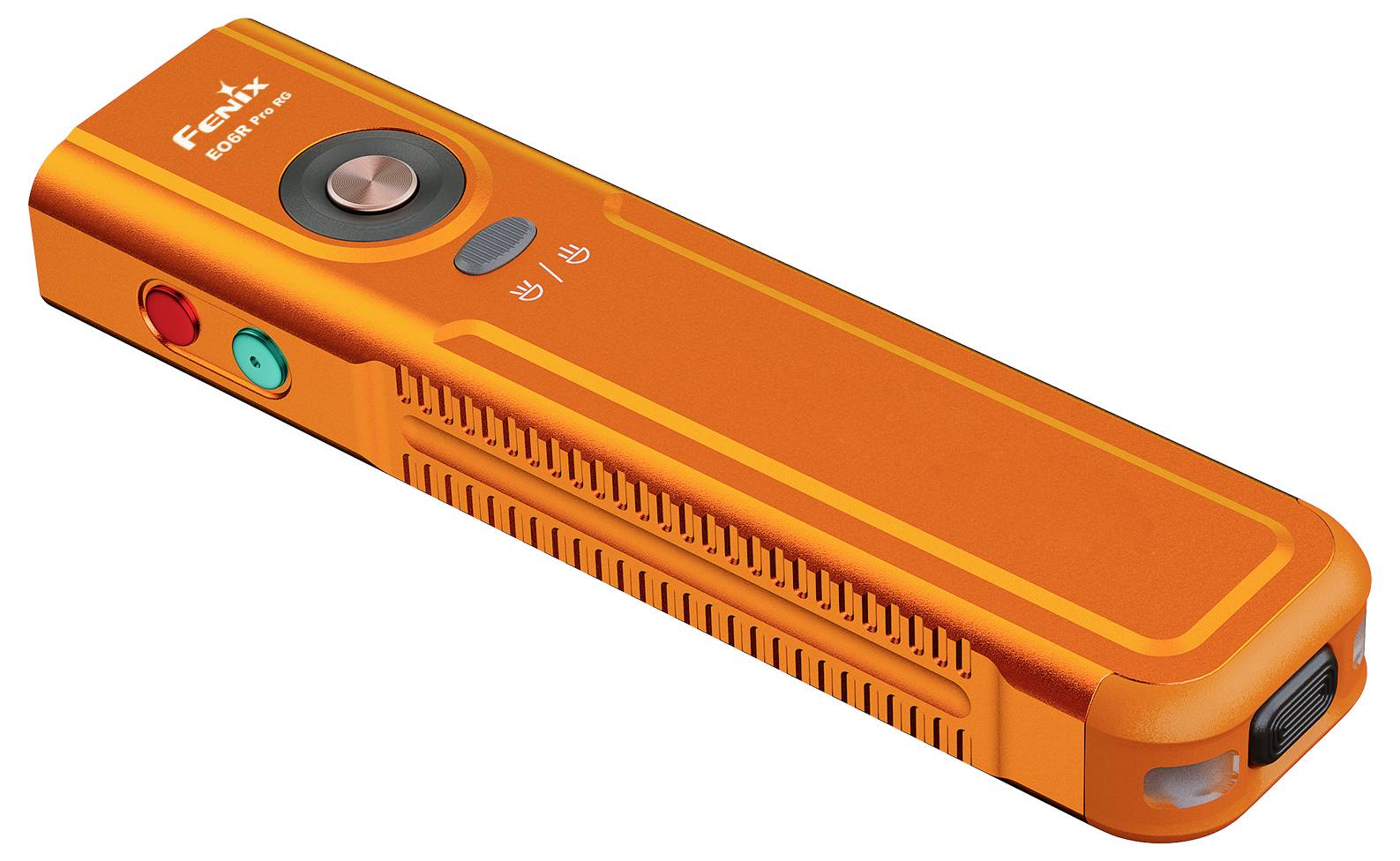 Oranje draagbaar elektrisch apparaat met een grote bovenste knop, twee kleine voorste knoppen en zijventielen, weergegeven in 3D op een witte achtergrond.