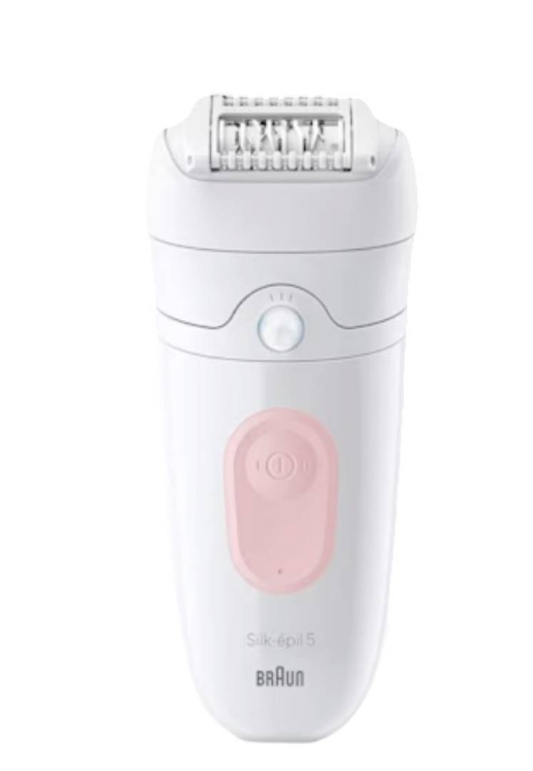 Witte Braun Silk-épil 5 elektrische epilator met roze aan/uit-knop, weergegeven in vooraanzicht op een witte achtergrond.