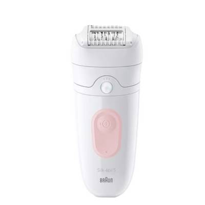 Witte Braun Silk-épil 5 elektrische epilator met roze aan/uit-knop, weergegeven in vooraanzicht op een witte achtergrond.