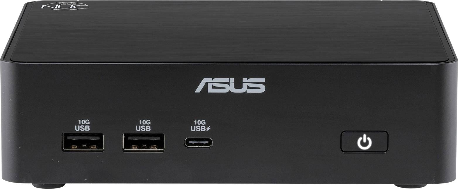 Frontaanzicht van een zwarte ASUS mini-pc met drie USB-poorten aan de voorkant gelabeld 10G USB en een aan/uit-knop aan de rechterkant.