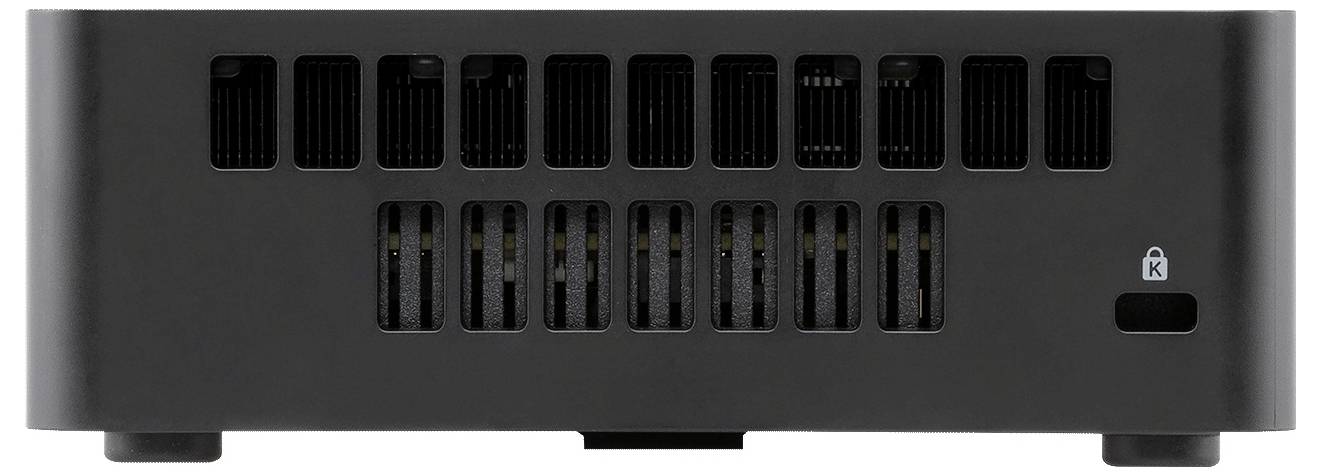 Vooraanzicht van een zwart elektronisch apparaat met ventilatieroosters en een klein slotpictogram boven een sleuf in het frontpaneel.