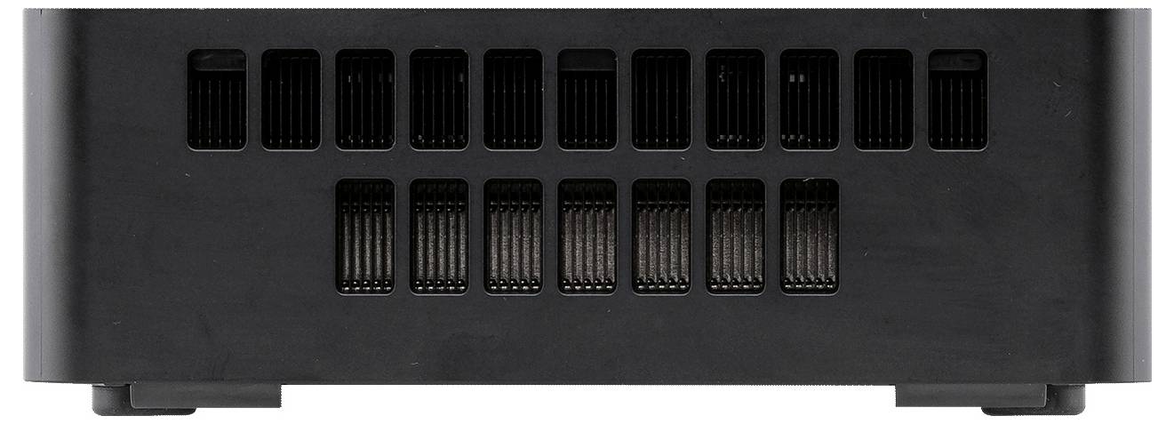 Open ASUS mini-pc met bovenkap opgetild, met zichtbare interne printplaat en frontpoorten; zwarte geventileerde behuizing op witte achtergrond