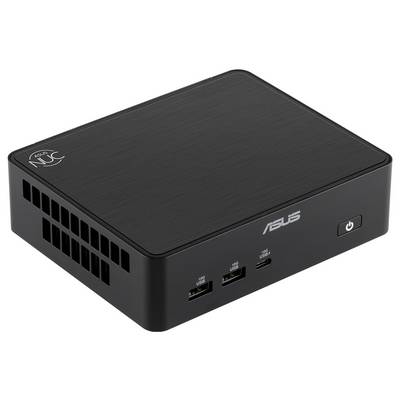 Zwarte ASUS mini-pc met voorste USB-poorten, aan/uitknop en zijventilatie op een witte achtergrond.