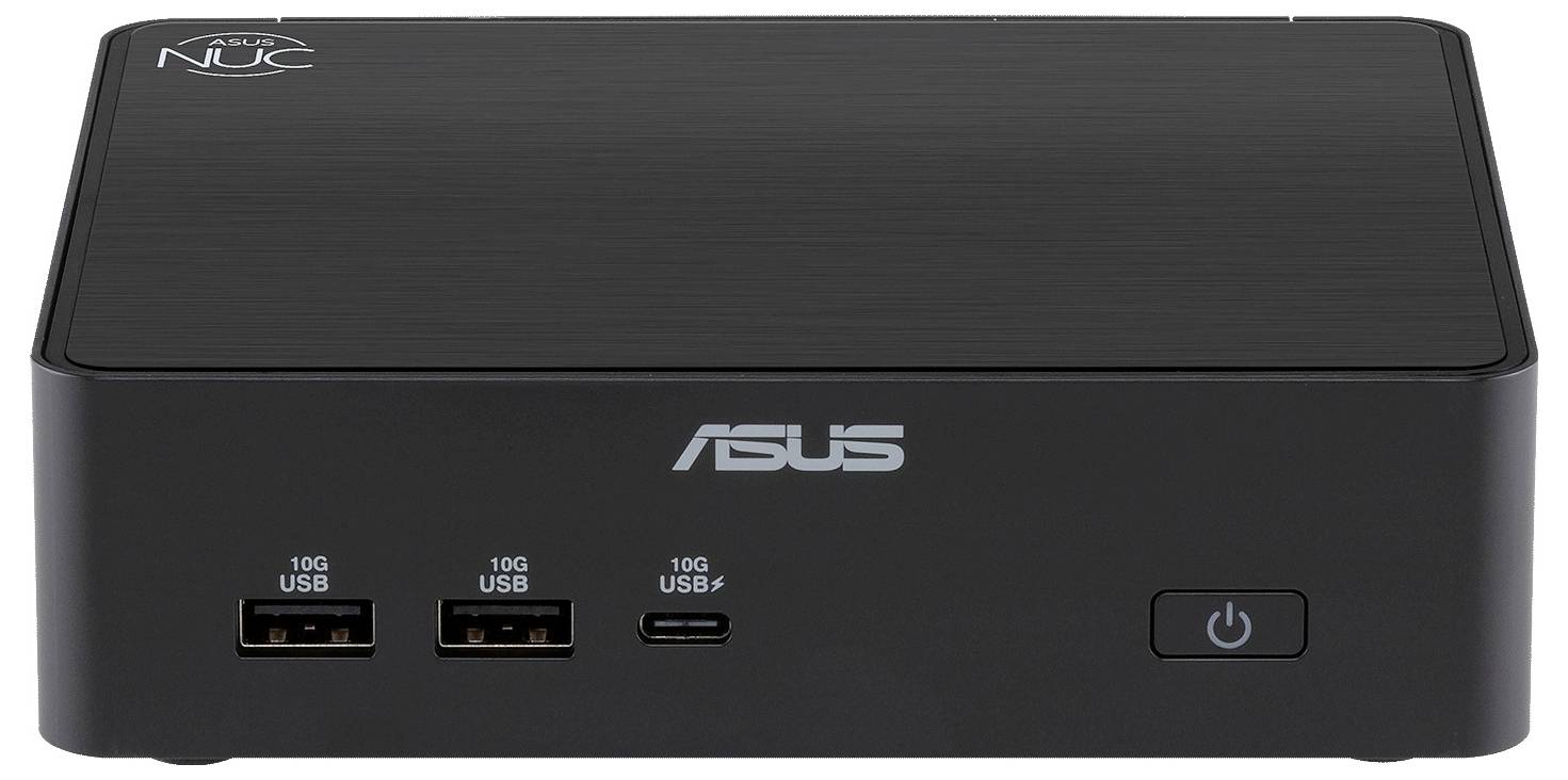 Zwarte ASUS NUC mini PC met drie USB-poorten aan de voorkant, waaronder één 10G USB-C, en een aan/uit-knop.