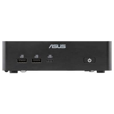 Vooraanzicht van een ASUS mini-pc of dockingstation met drie 10G USB-poorten aan de linkerkant en een aan/uit-knop aan de rechterkant.