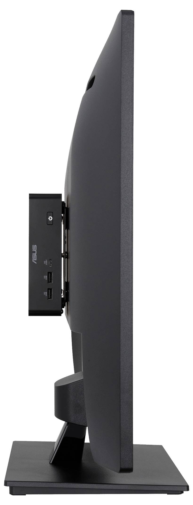 Zijkant van een zwarte ASUS-desktopmonitor op een standaard, met het slanke profiel en achteruitgangspoorten zichtbaar.