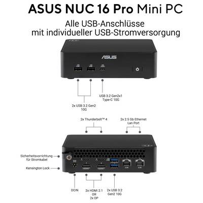 ASUS NUC 16 Pro Mini PC met aanzicht van voor- en achterkantpoorten met labels, waarbij afzonderlijk aangestuurde USB, Thunderbolt, Ethernet, HDMI/DP, DC-ingang en Kensington-slot zijn uitgelicht.