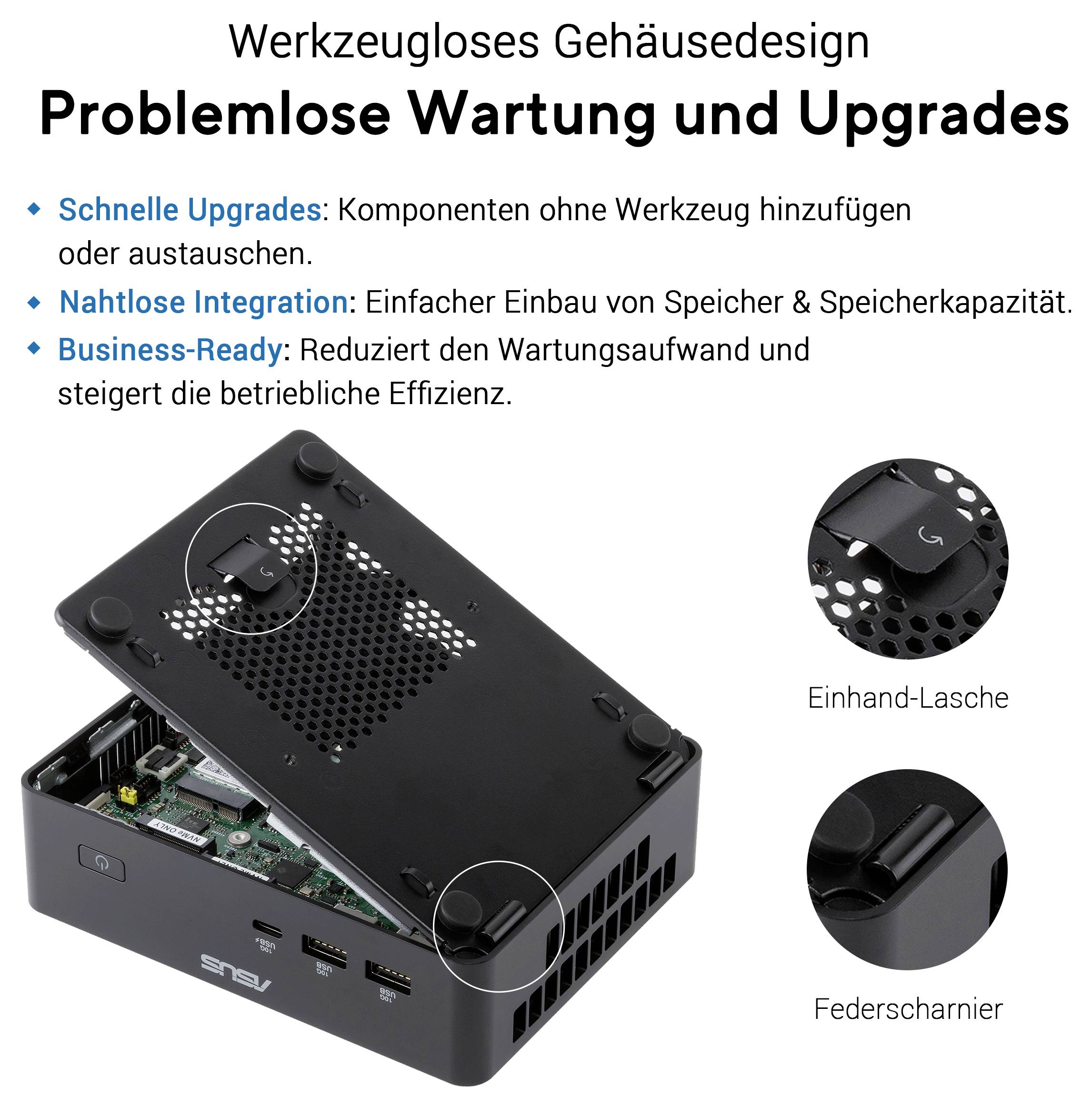 Diagram van een gereedschapsloos chassisontwerp met gemakkelijk onderhoud en upgrades: snelle componentwissels, uitbreidbare opslag en details van eenhandsvergrending en veerslier.
