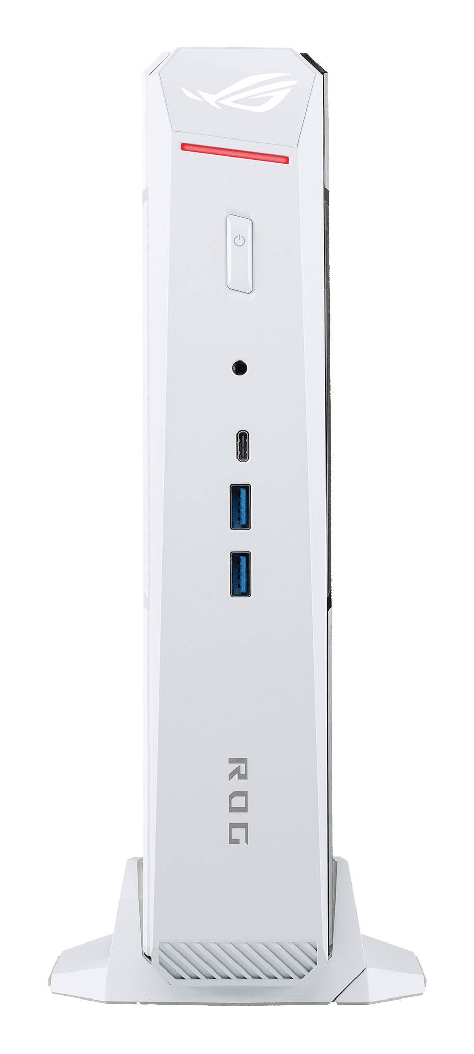 Witte ROG gaming desktop tower getoond vanuit vooraanzicht, met verlicht logo, aan/uit-knop en USB-poorten aan de voorkant.
