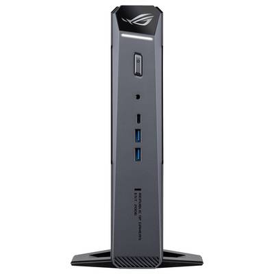 ASUS ROG compacte gaming pc-toren weergegeven in vooraanzicht met aan/uit-knop, poorten en standaard
