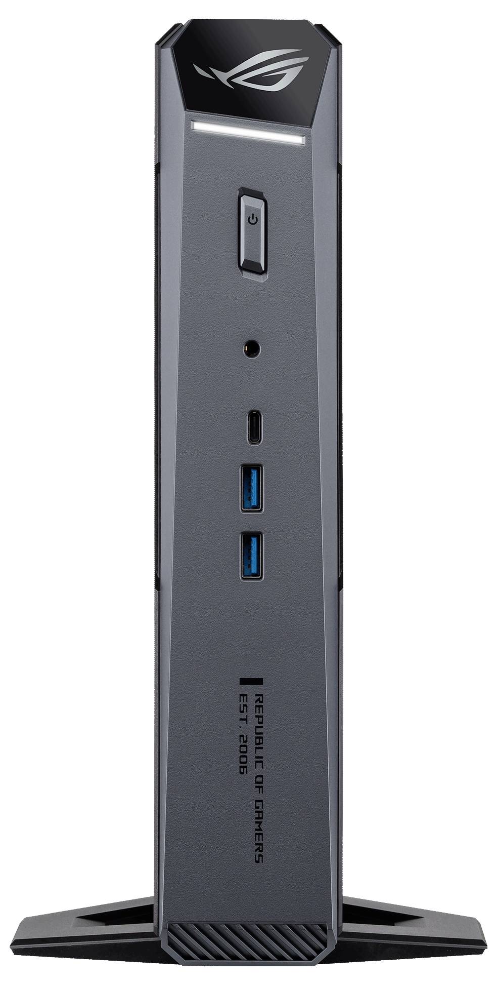 Vooraanzicht van een ASUS ROG compacte desktop mini-pc-standaard, met weergave van de aan/uit-knop, poorten en logo op een zwart voetsteun.