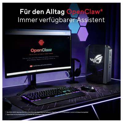 Gamingbureau met monitor waarop de OpenClaw-website wordt weergegeven, RGB-toetsenbord en -muis, en kleine PC-tower; Duitse kop luidt 'Voor het dagelijks gebruik OpenClaw* Altijd beschikbare assistent'