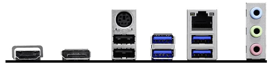 Een rij computerinvoer-/uitvoerpoorten: twee HDMI-poorten, een ronde PS/2-poort boven USB-poorten, twee blauwe USB 3.0-poorten, dubbele Ethernet- en USB-poorten, en roze, groene en blauwe audio-aansluitingen.