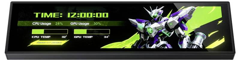 Gaming-stijl weergave met tijd 12:00:00, CPU-gebruik 28%, GPU-gebruik 30%, CPU-temp 43°, GPU-temp 54°, met een mechabot-illustratie aan de rechterkant.