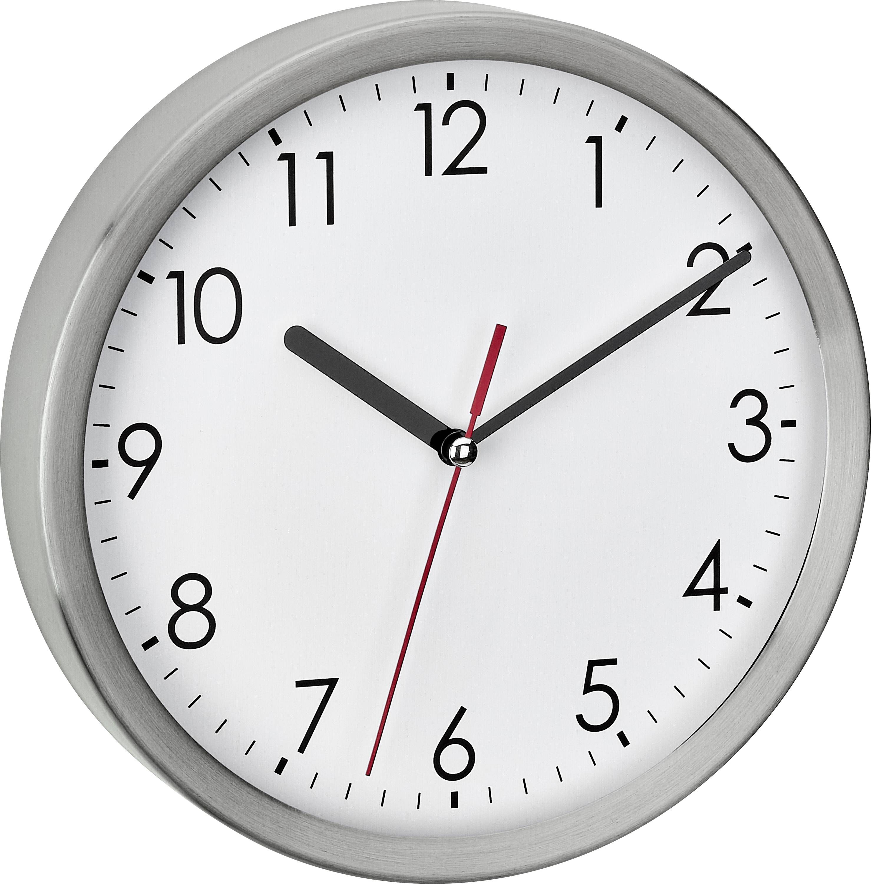 Analoge wandklok die ongeveer 10:10 aangeeft, met een rode secondewijzer dicht bij 6 uur.