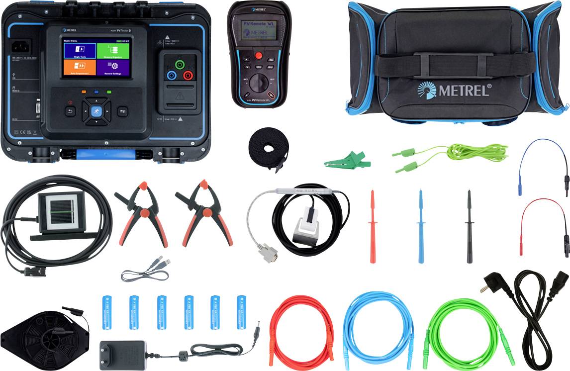 Draagbare elektrische testkit met hoofdmeter, handheld probe, draagtas, meetdraden, klemmen, adapters en kleurgecodeerde kabels gerangschikt als een complete accessoireset.