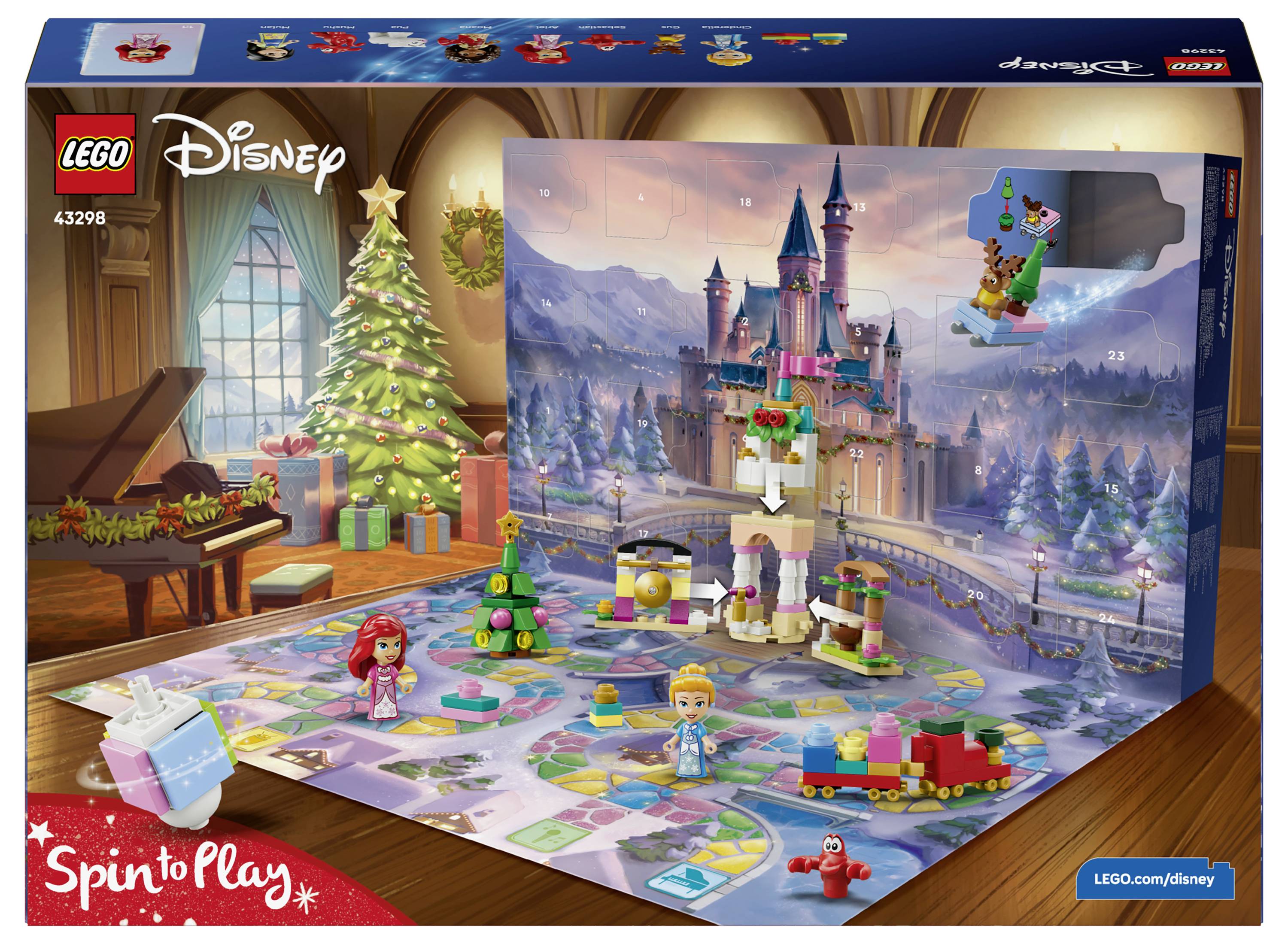 LEGO Disney 'Spin to Play' Adventskalender doosontwerp met een prinsessentuin, een feestelijke kamerschermering en mini bouwstukken/spelbordjes.