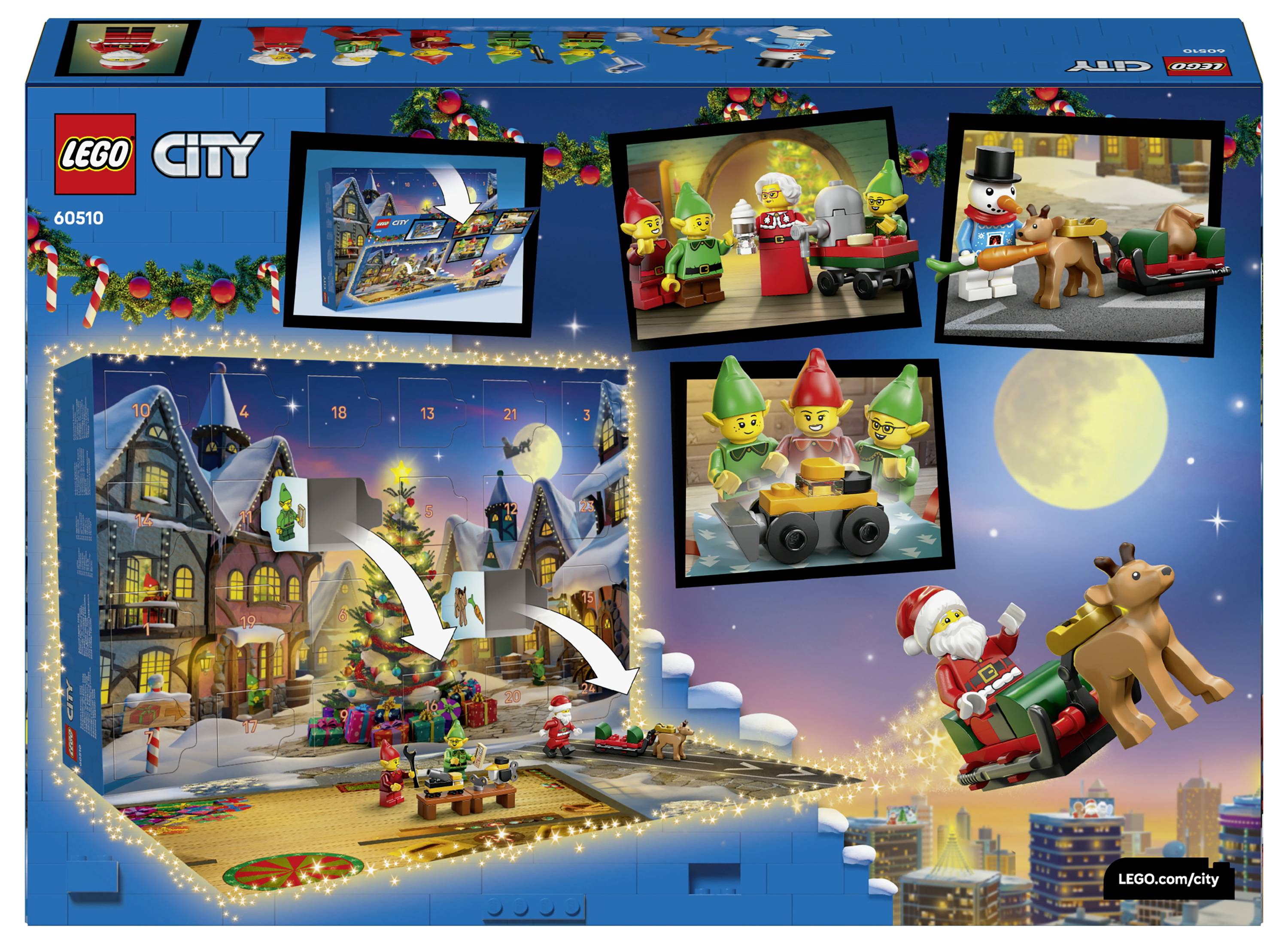 LEGO City Adventskalender doosverpakking met 24 feestelijk thema mini-bouwsels en minifiguren, met besneeuwde dorpstaferelen en slee van de Kerstman met rendier.