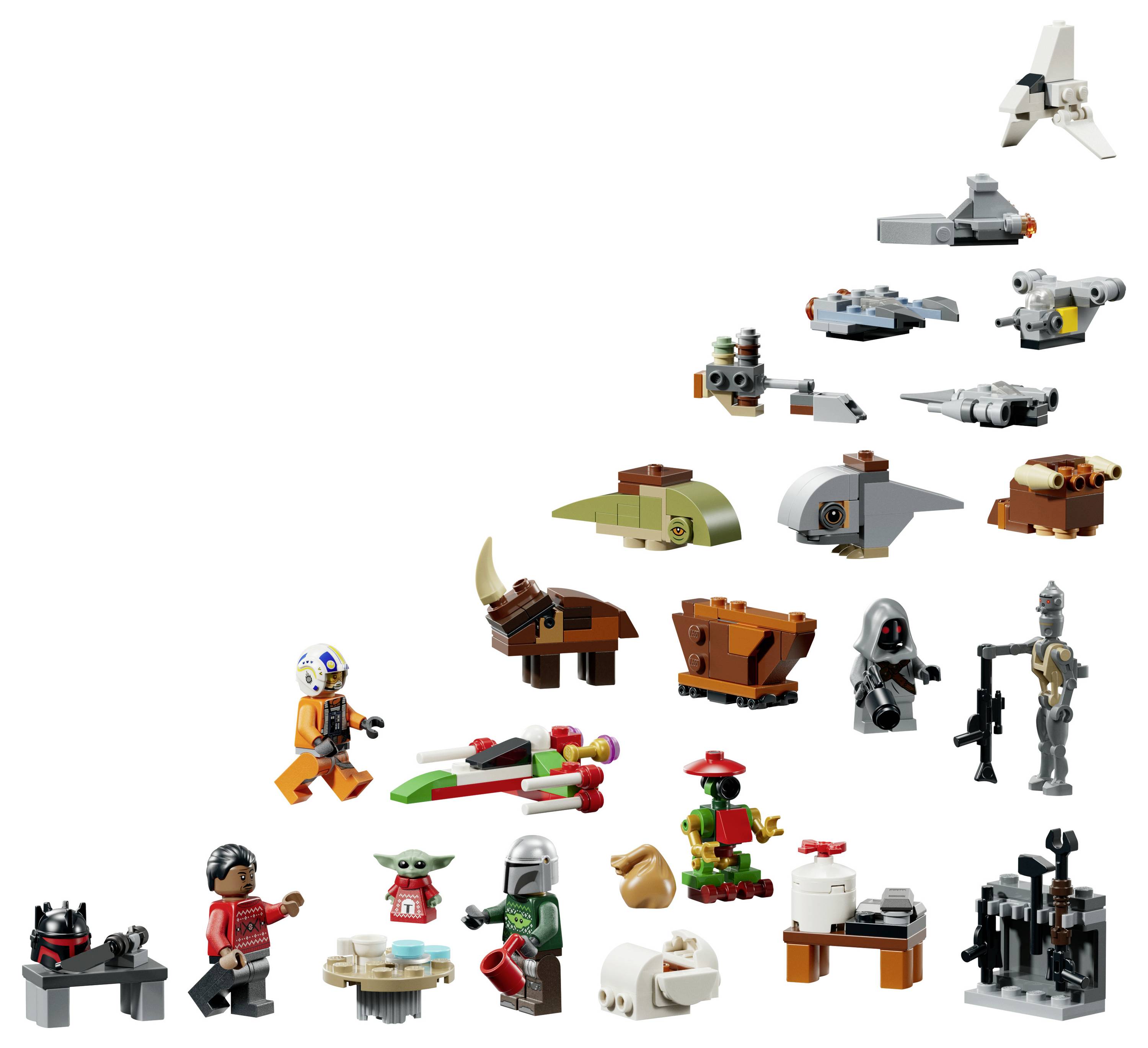 Een LEGO Star Wars-rij van minifiguren, droïden en kleine ruimtevaartuigen op een witte achtergrond.