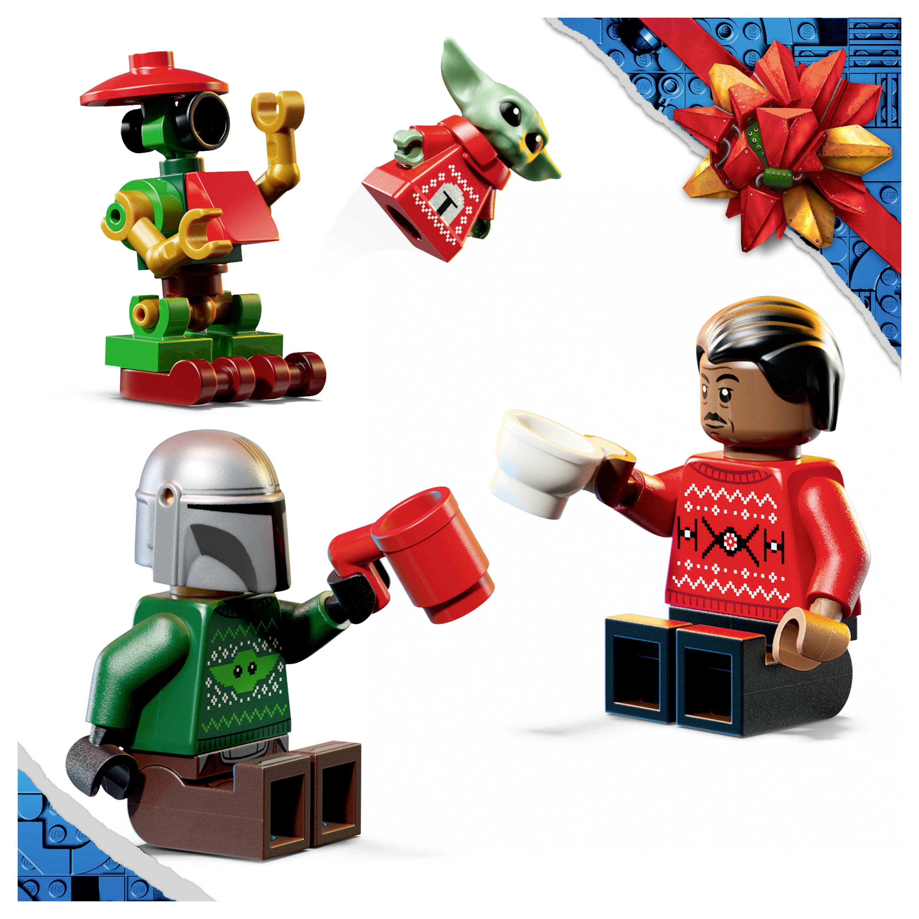 Feestelijk LEGO-tafereel met drie minifiguren en een klein vogeltje, allemaal met kopjes in hun handen, plus een ingepakt cadeau in de hoek.