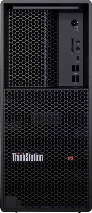 Vooraanzicht van een Lenovo ThinkStation P3-desktoptower met een honingraatrooster en voorkant poorten/knoppen aan de rechterkant.