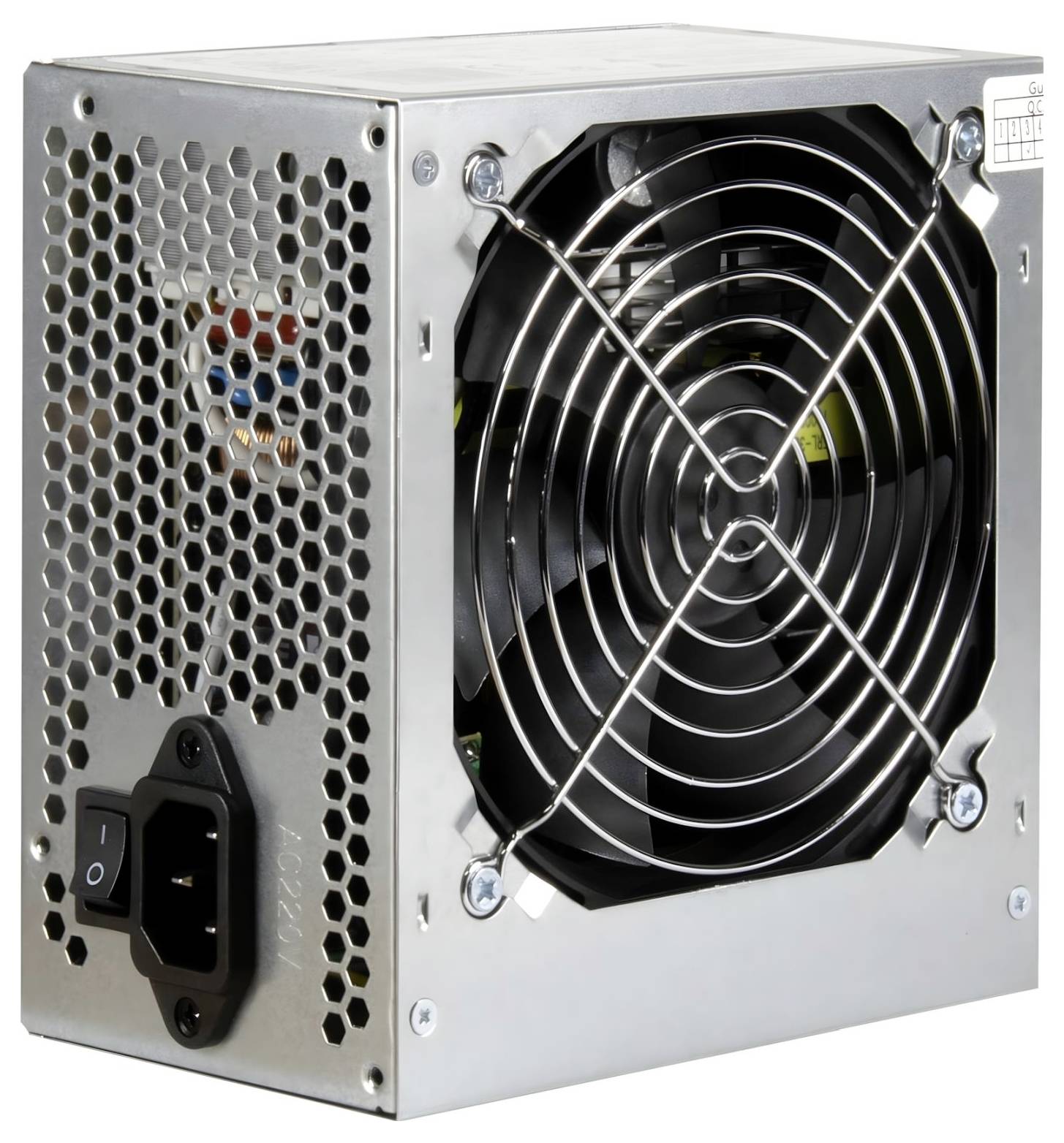 Computerkabel voeding met koelventilator, geventileerde metalen behuizing en aan/uit-schakelaar.