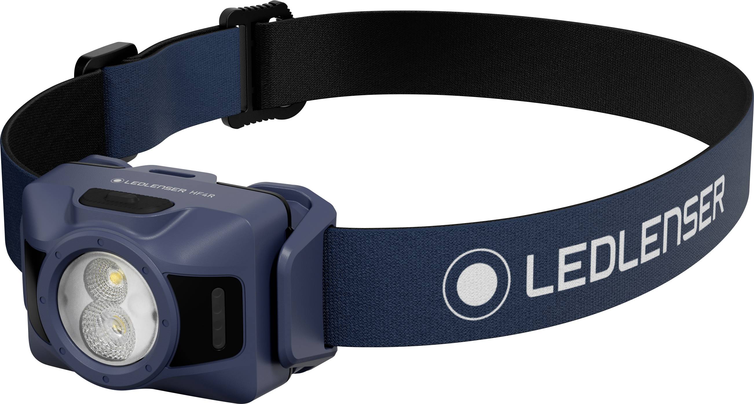 Blauwe LED-hoofdlamp met verstelbare zwarte band, gemerkt 'LEDLENSER', getoond op een witte achtergrond.