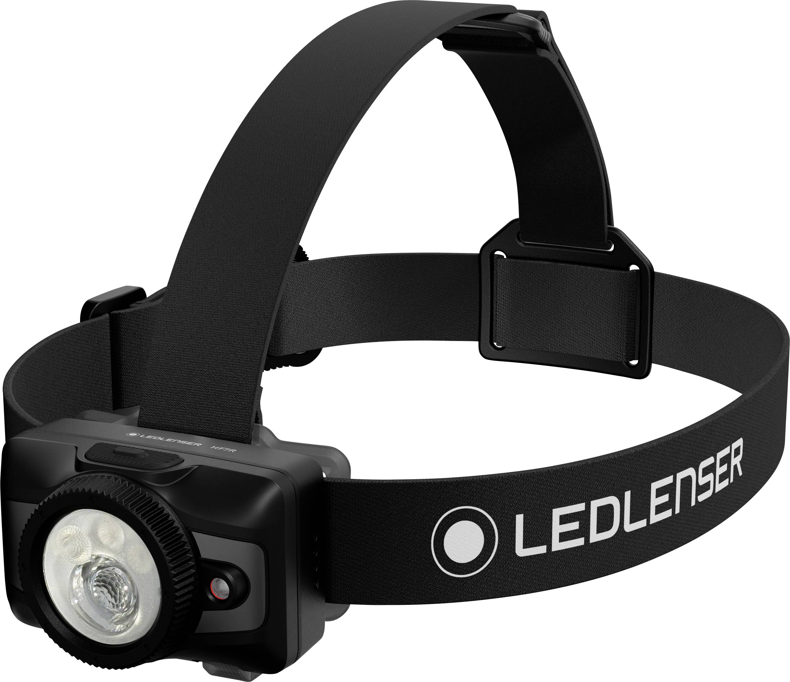 Zwarte LEDLENSER hoofdlamp met verstelbare band en voorlicht, getoond op een witte achtergrond.