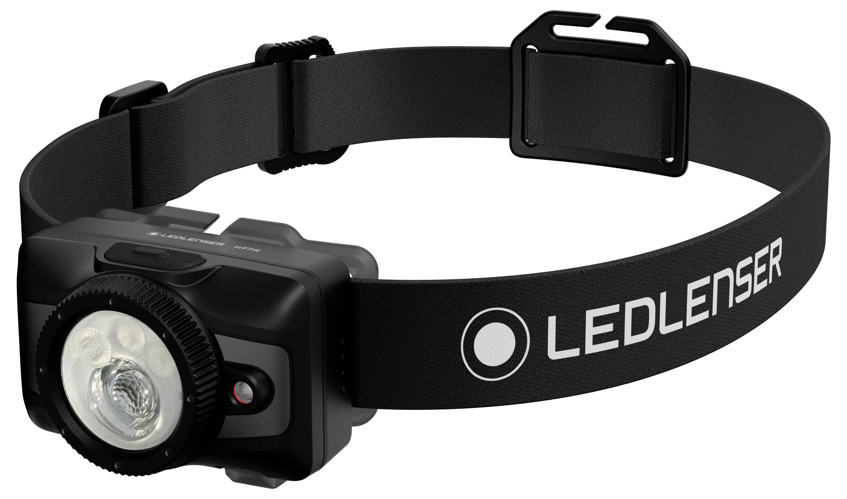 Zwarte LED Lenser hoofdlamp met verstelbare band en voorlicht-eenheid, weergegeven op een witte achtergrond.