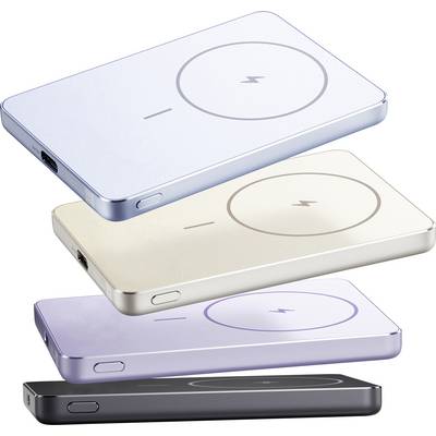 Vier slanke draadloze oplaadpowerbanks gestapeld in blauw, crème, paars en zwart, elk met een circulair oplaadpictogram en zijkanten poorten/knoppen.