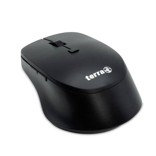 Zwarte Terra draadloze computermuis op een witte achtergrond.