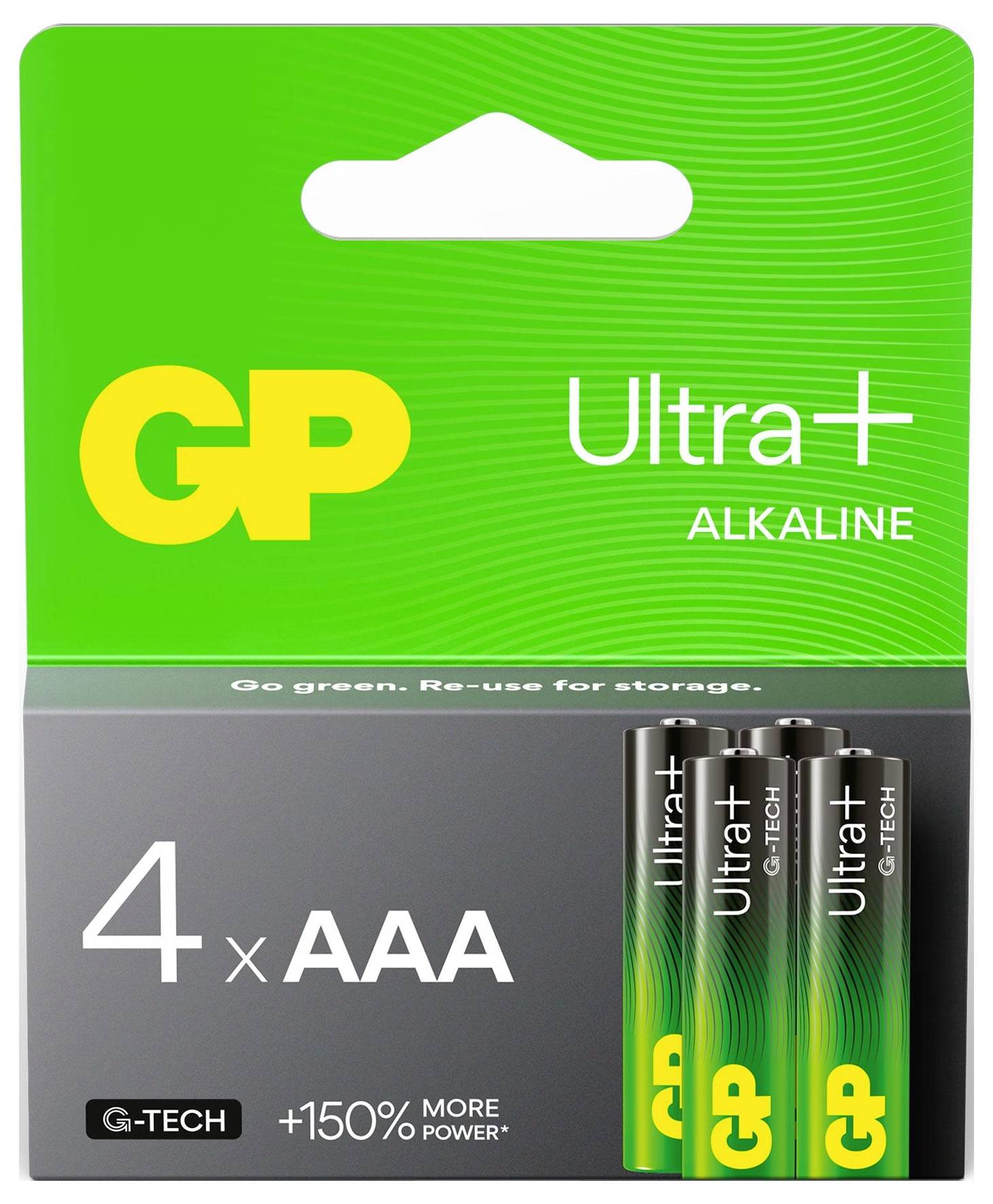 GP Ultra+ Alkaline 4-pack AAA-batterijen in groene verpakking, gelabeld met '4 x AAA' en 'G-TECH' met '150% meer vermogen'.